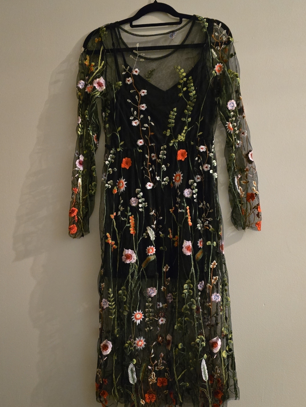 Floral Embroidered Long Sleeve Midi Dress -  Black - Picture 2 of 2